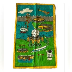 Vintage Expo 86 linen souvenir tea towel, Expo Ernie, Vancouver, green & blue